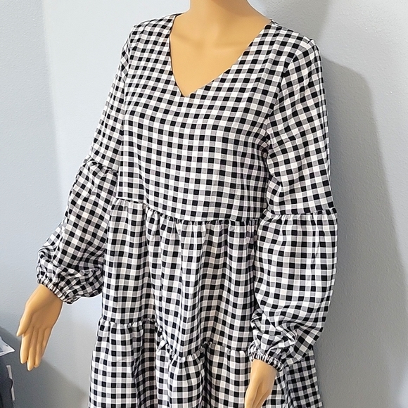 Women's V Neck Long Sleeve Plaid Printed Tunic Dress Small - Picture 3 of 10